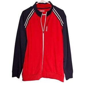 IZOD Mens Track Jacket Red Navy Blue Colorblock Striped Full Zip Mock Neck Large